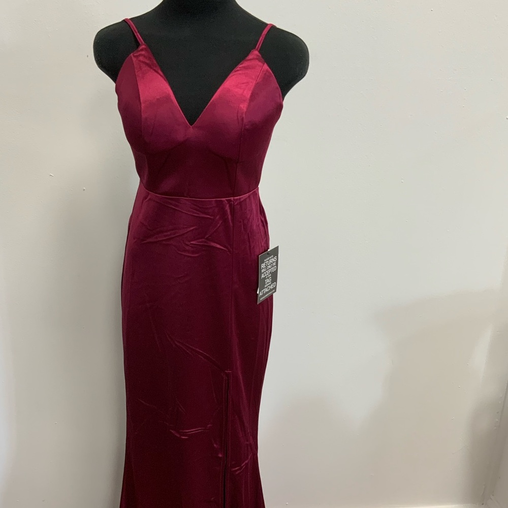 Backless satin maxi dress , plunge neckline and back ruching- merlot